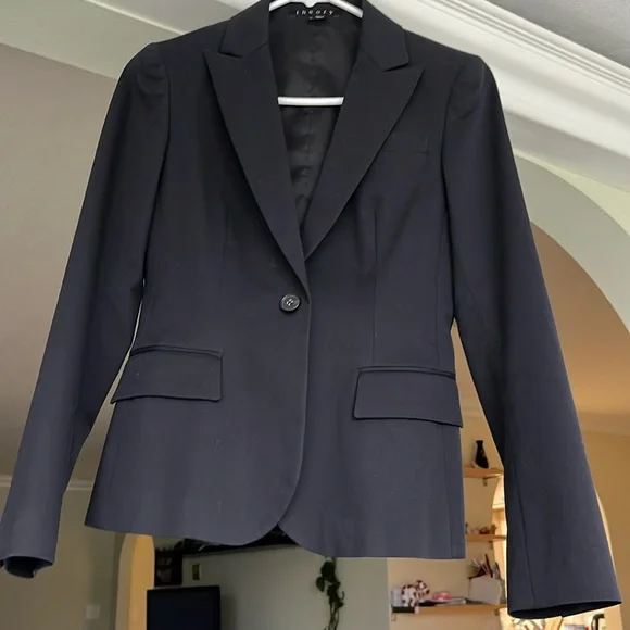 Theory like new cotton blend Blazer jacket sz 0 Black Lined Fitted Side Pockets - Picture 1 of 8